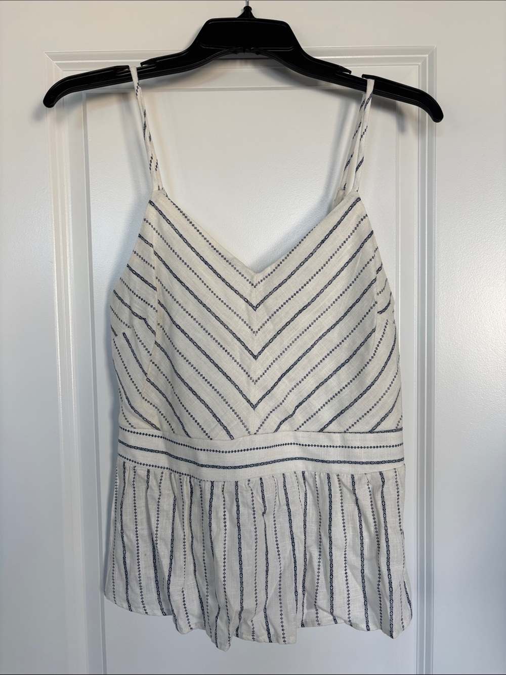 Monteau Los Angeles Striped Linen-Blend V-Neck Peplum Cami Tank - Cream / Navy
